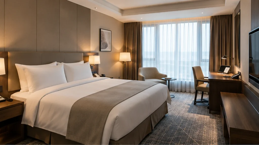 Coordinated hotel guest room with bedroom, desk and in-room equipment