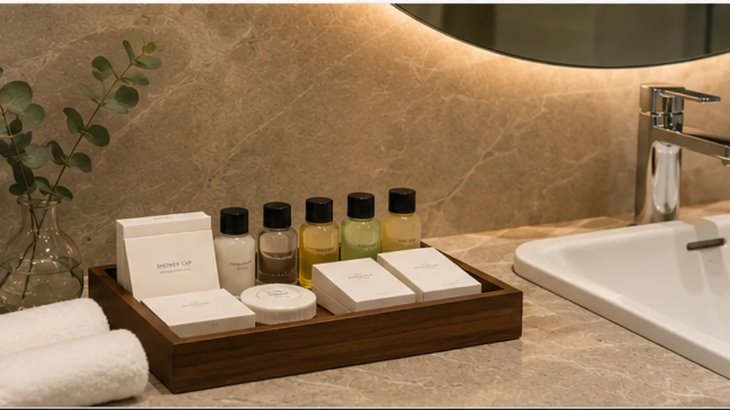 Hotel bathroom vanity with coordinated guest room amenities