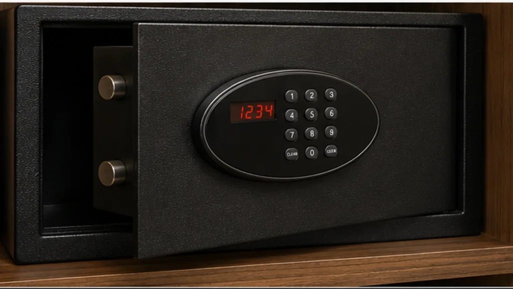 Electronic hotel safe installed inside guest room wardrobe