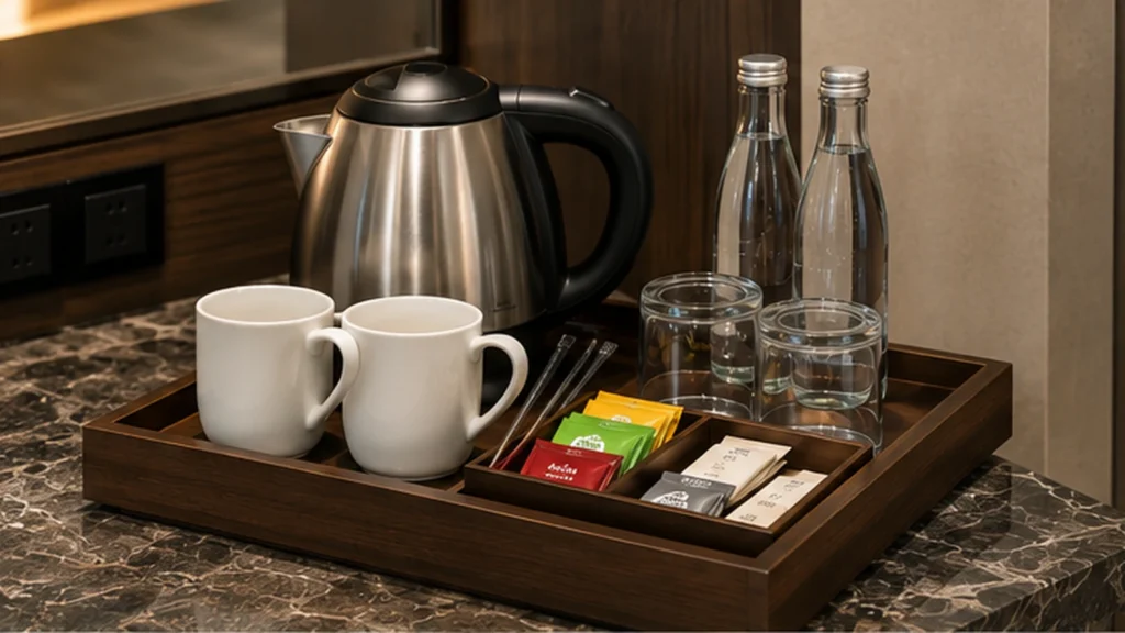 Hotel kettle and welcome tray set arranged for guest room beverage service