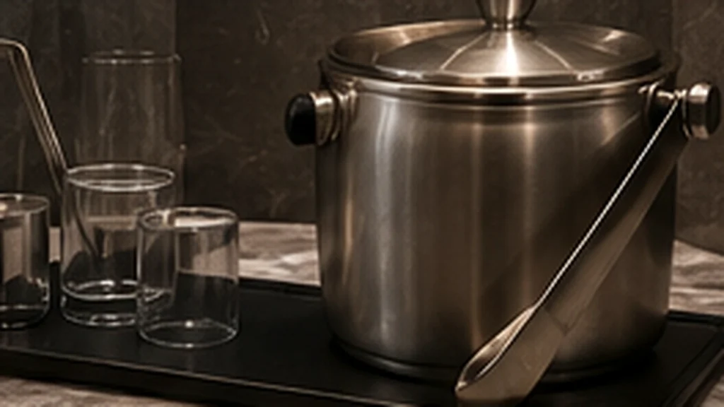 Hotel ice bucket and tongs arranged on guest room beverage station