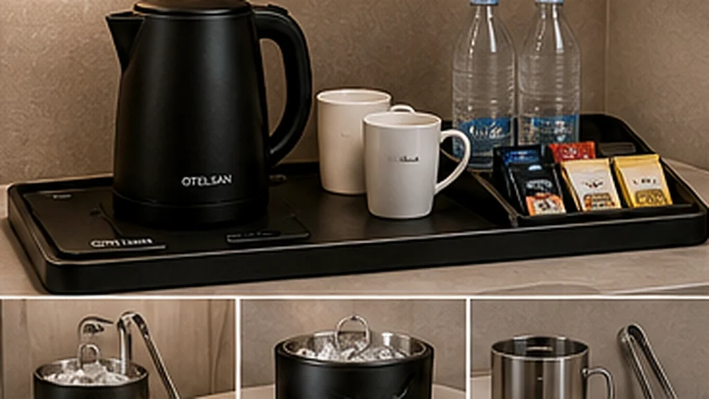 Complete hotel beverage station arranged consistently for housekeeping