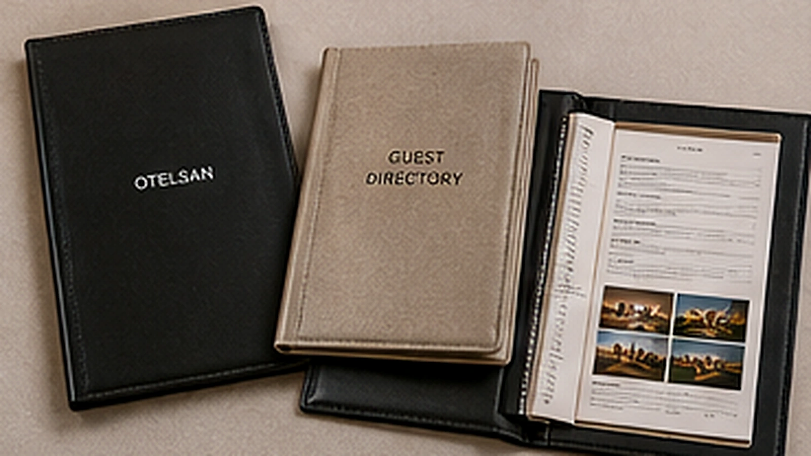 Premium hotel guest directory arranged on a modern desk