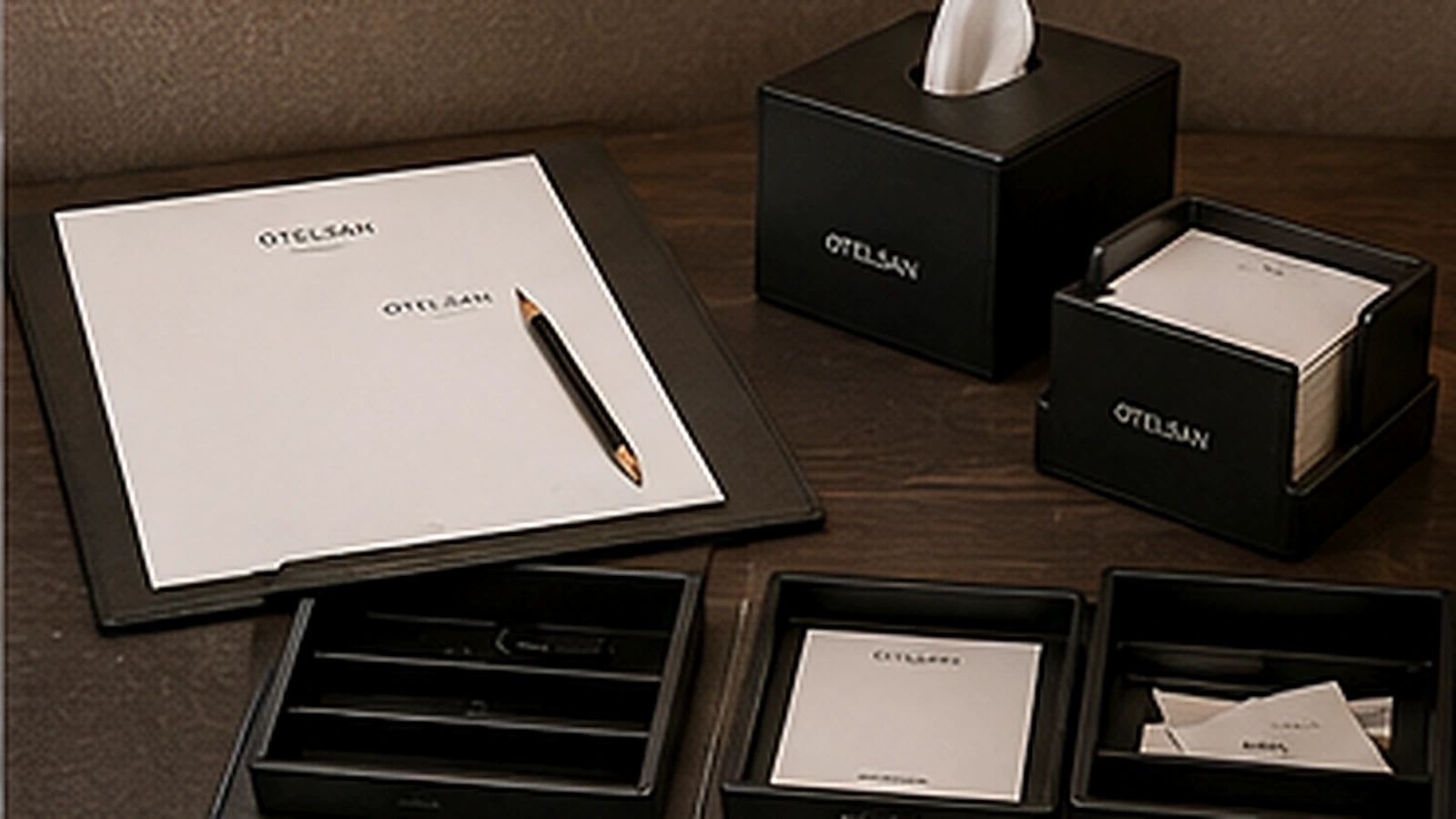 Premium hotel desk with coordinated stationery and guest accessories