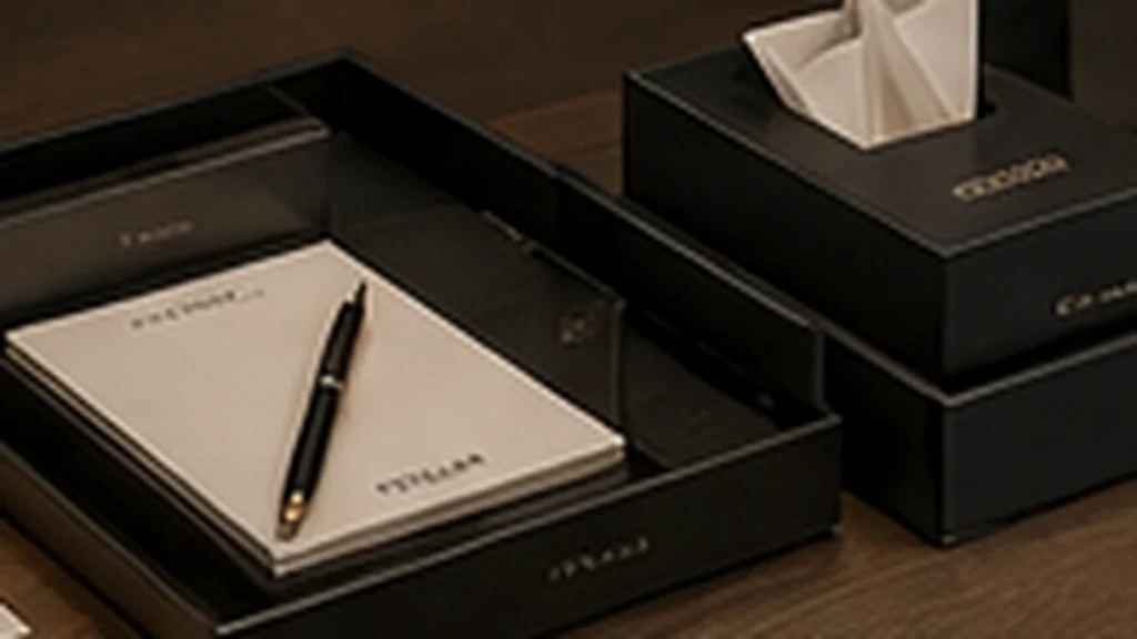 Hotel desk tray with organised stationery and accessories