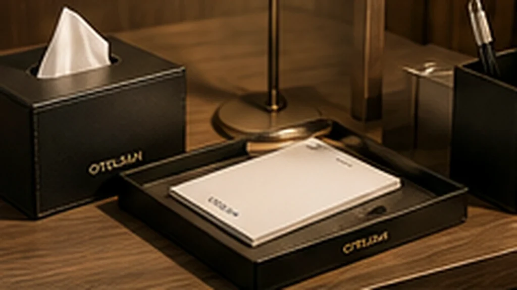 Coordinated hotel desk accessory and remote storage