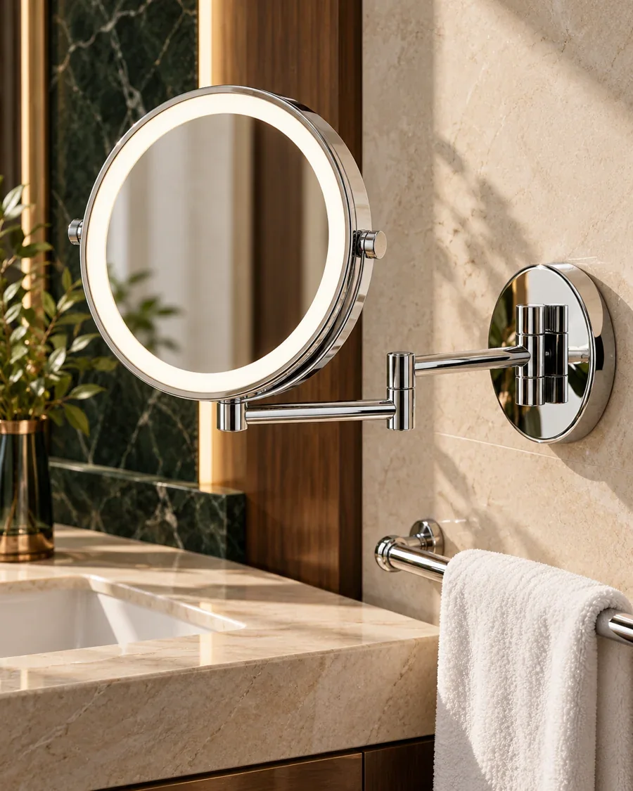 Bathroom Accessories catalogue — illuminated wall-mounted makeup mirror in a premium hotel bathroom