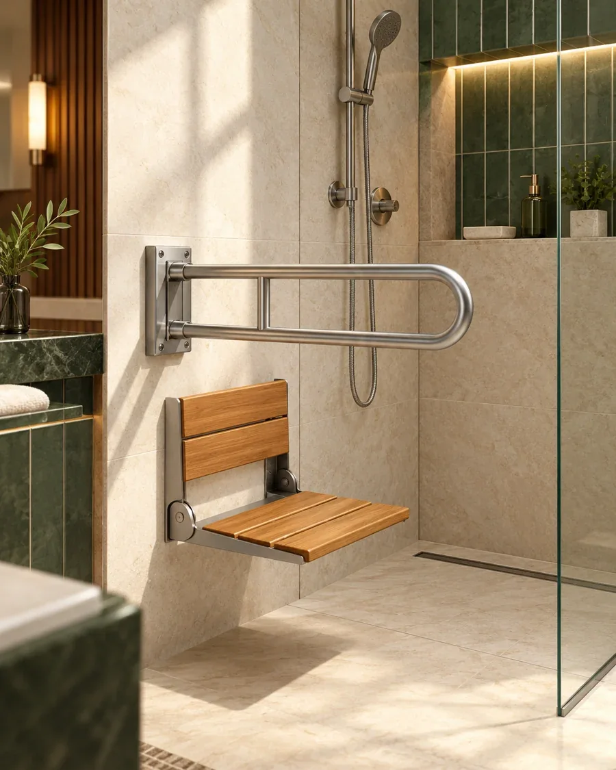 Wet Area Equipment catalogue — accessible hotel shower with stainless steel fold-up grab bar and shower seat